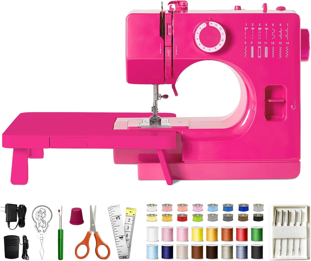 Machine à coudre StitchMaster Pro - Compatible doté de les aiguilles doubles, 14 points, facile à utiliser destiné à les débutants et les particuliers (rose)