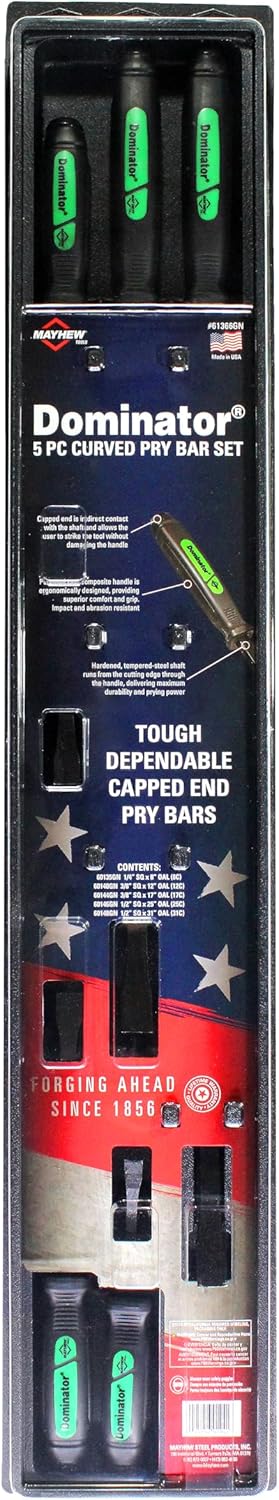 Ensemble pour barres de levier Mayhew Tools 61366GN Dominator, barres de levier courbes de 8, 12, 17, 25 et 31 pouces, vertes