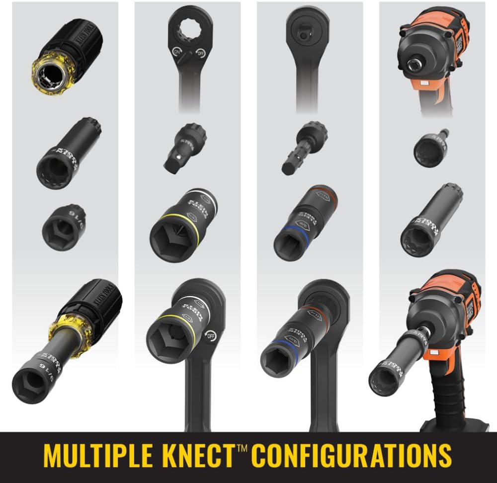 Ensemble de douilles à impact profondes Klein Tools 65239 KNECT Flip-20, 20 tailles SAE et métriques doté de coffret MODbox, douilles robustes à charnière doté de adaptateurs 1/4 et 3/8 pouces