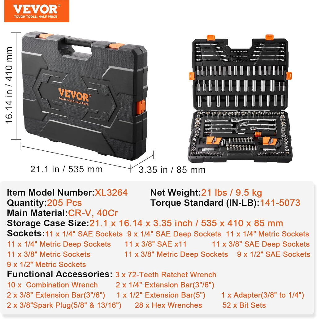 Ensemble d'équipements de mécanicien VEVOR, 205 pièces, douilles SAE et métriques, douilles profondes et standard 1/4", 3/8" et 1/2", acier au chrome-vanadium, polyéthylène