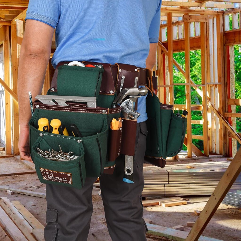 Ceinture porte-équipements en nylon et cuir | Sacoche/pochette destiné à équipements de charpenterie | destiné à charpentiers, ouvriers du bâtiment, charpentiers et électriciens (Vert)