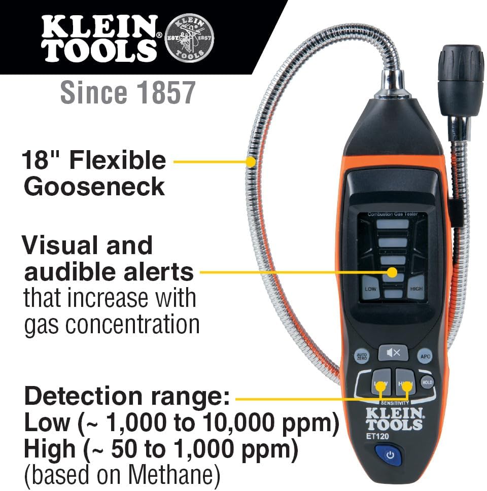 Détecteur de fuites de gaz Klein Tools ET120, testeur de fuites de gaz combustibles doté de col de cygne de 45,7 cm (18 pouces), plage de détection de 50 à 10 000 ppm, pochette et piles incluses.