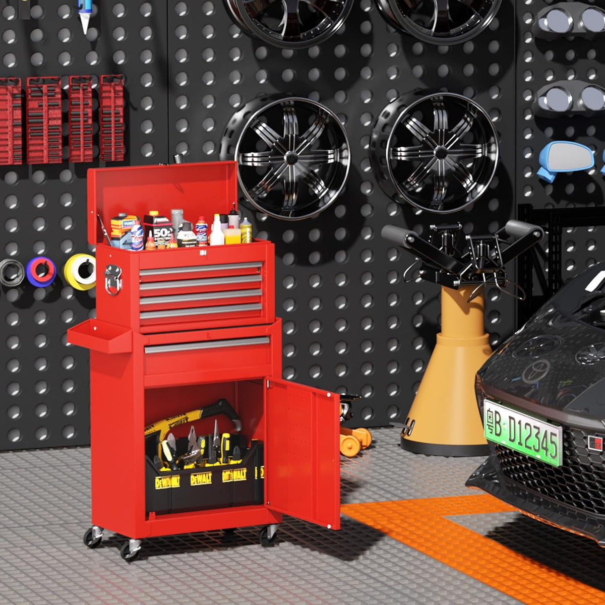 Coffre à outils INTERGREAT, coffre à outils roulant à 5 tiroirs avec boîte à outils supérieure amovible, coffre à outils avec roues universelles verrouillables, servante à outils en métal pour garage, atelier, salon de coiffure
