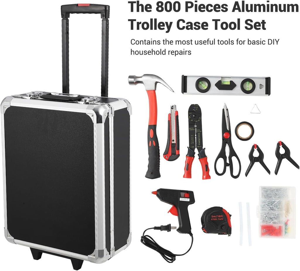 Coffret d'outils pratiques de 800 pièces pour la maison avec servante d'atelier à roulettes, kit de réparation professionnel pour mécanicien, ensemble d'outils à main pour la maison avec valise trolley en aluminium pour bricoleur et particuliers.