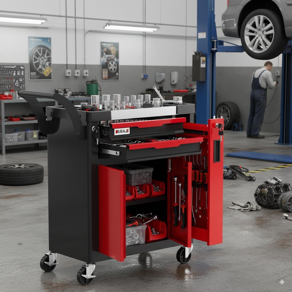 Coffre à outils à 2 tiroirs | Coffre à outils roulant avec roulettes et tiroir latéral | Tiroirs verrouillables | Servante/armoire à outils avec tiroirs pour garage et atelier | Coins arrondis pour plus de sécurité et une protection anti-collision |
