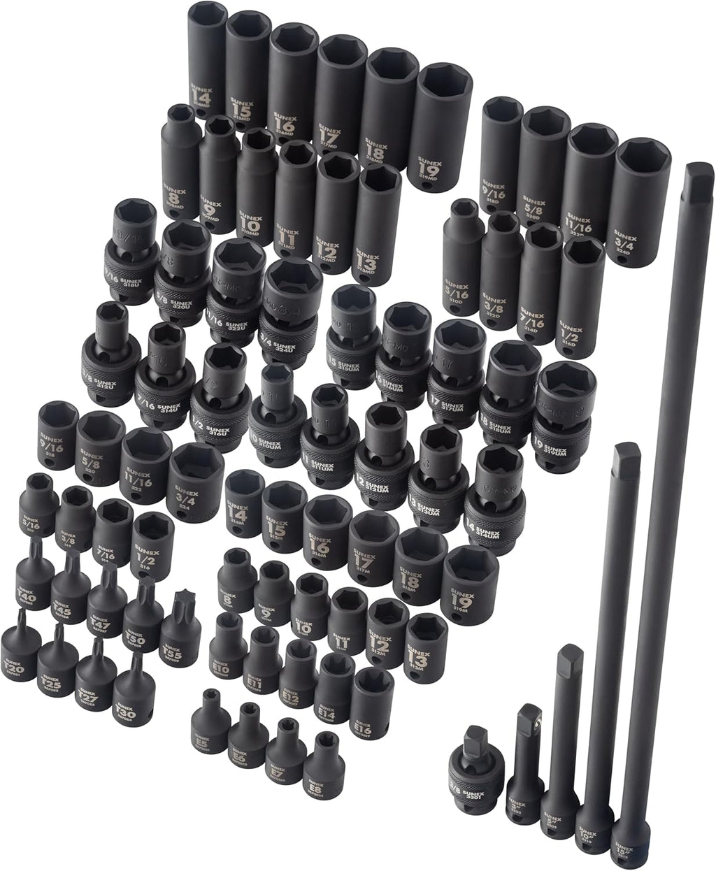 Ensemble de 80 douilles à impact SUNEX Tools, entraînement 3/8 po, universelles, étoile, étoile externe, rallonges, cardan, SAE et métriques, de 8 mm à 19 mm et de 5/16 po à 3/4 po, acier CR-MO, modèle 3580