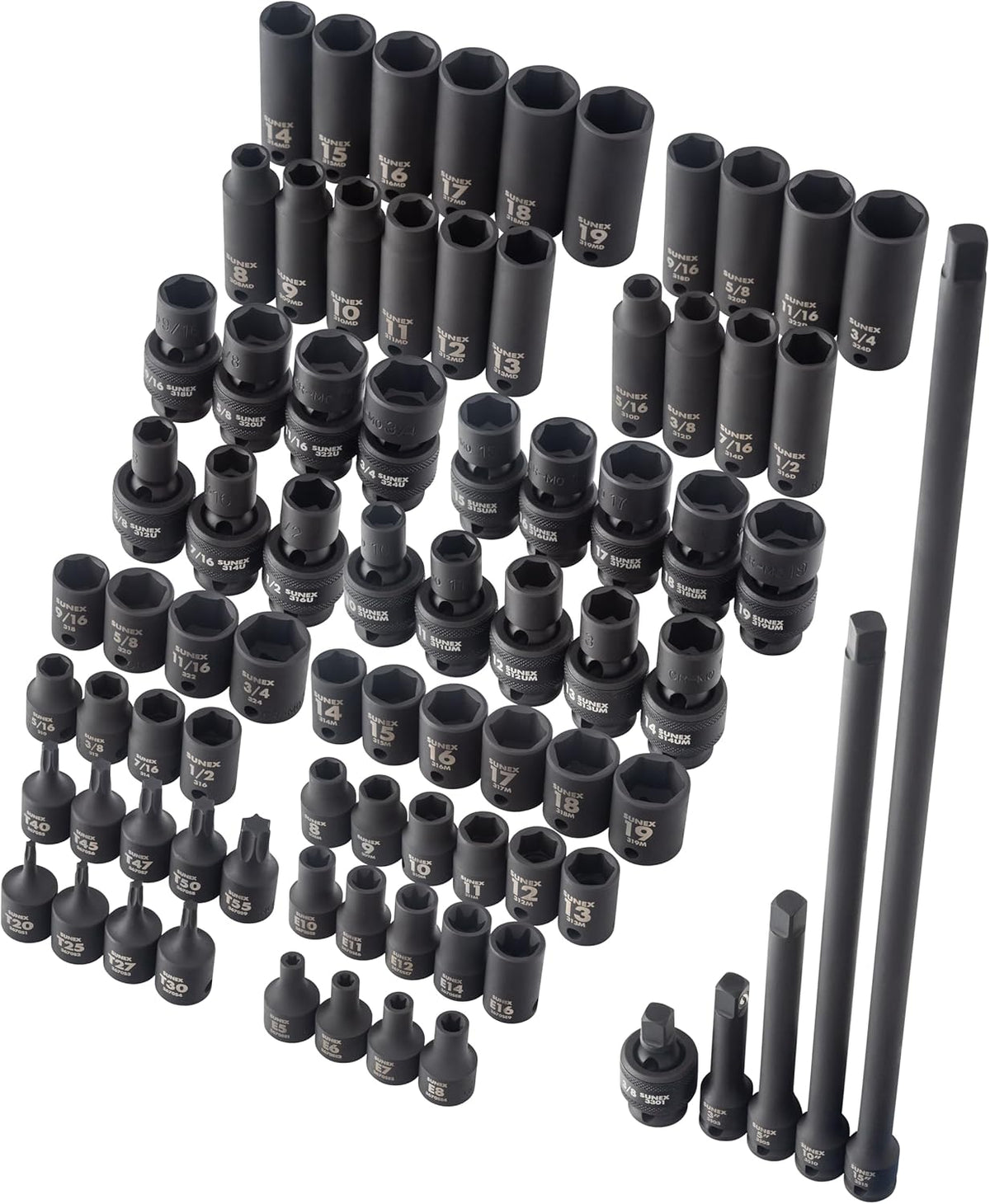 Ensemble de 80 douilles à impact SUNEX Tools, entraînement 3/8 po, universelles, étoile, étoile externe, rallonges, cardan, SAE et métriques, de 8 mm à 19 mm et de 5/16 po à 3/4 po, acier CR-MO, modèle 3580