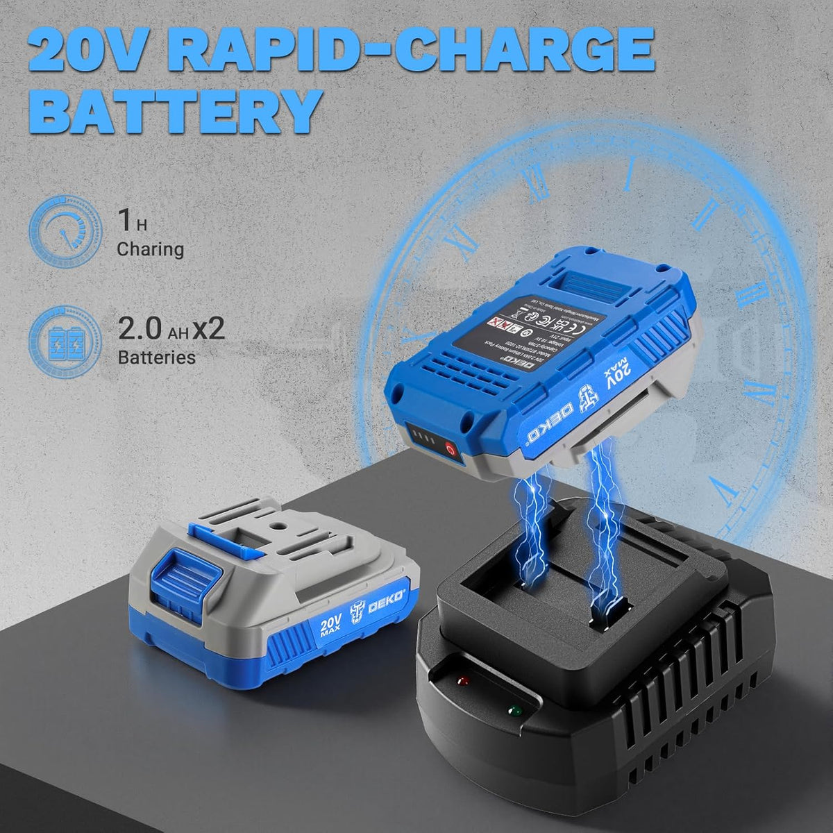 Perceuse et visseuse à chocs sans fil DEKOPRO : kit comprenant une perceuse et une visseuse à chocs sans fil 20 V, 2 batteries 2,0 Ah, un chargeur, un sac et 52 accessoires (bleu). – sélection pratique