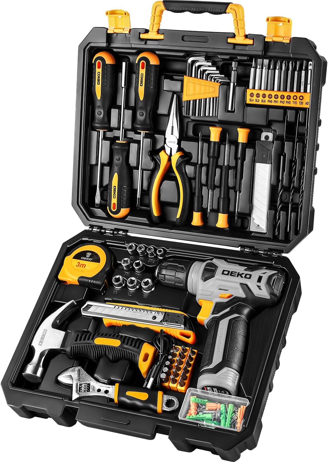 Coffret d'outils DEKOPRO avec perceuse sans fil 8V, coffret à outils avec perceuse, ensemble de perceuse à main pour hommes et femmes, ensemble d'outils pour la maison, idéal pour les réparations, le bricolage et les travaux de réparation. 126 pièces
