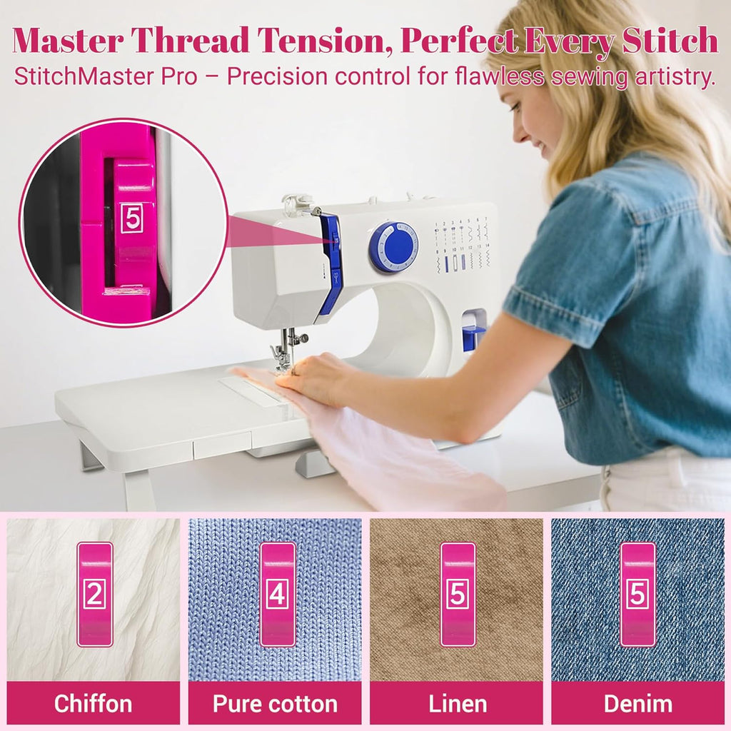 Machine à coudre StitchMaster Pro - Compatible doté de les aiguilles doubles, 14 points, facile à utiliser destiné à les débutants et les particuliers (rose)