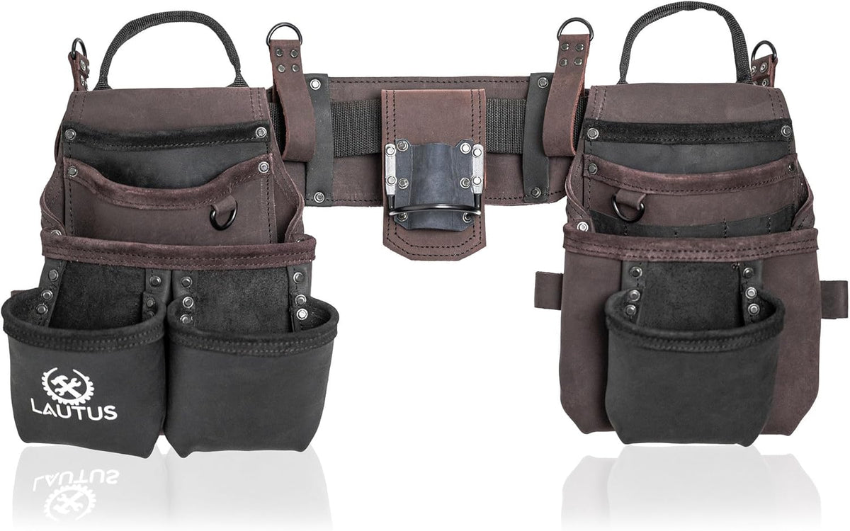 Ceinture porte-équipements LAUTUS en cuir pleine fleur robuste destiné à charpentiers, menuisiers et électriciens, 18 poches, porte-marteau, 2 anneaux en D, 2 passants, clip destiné à mètre ruban, ceinture épaisse