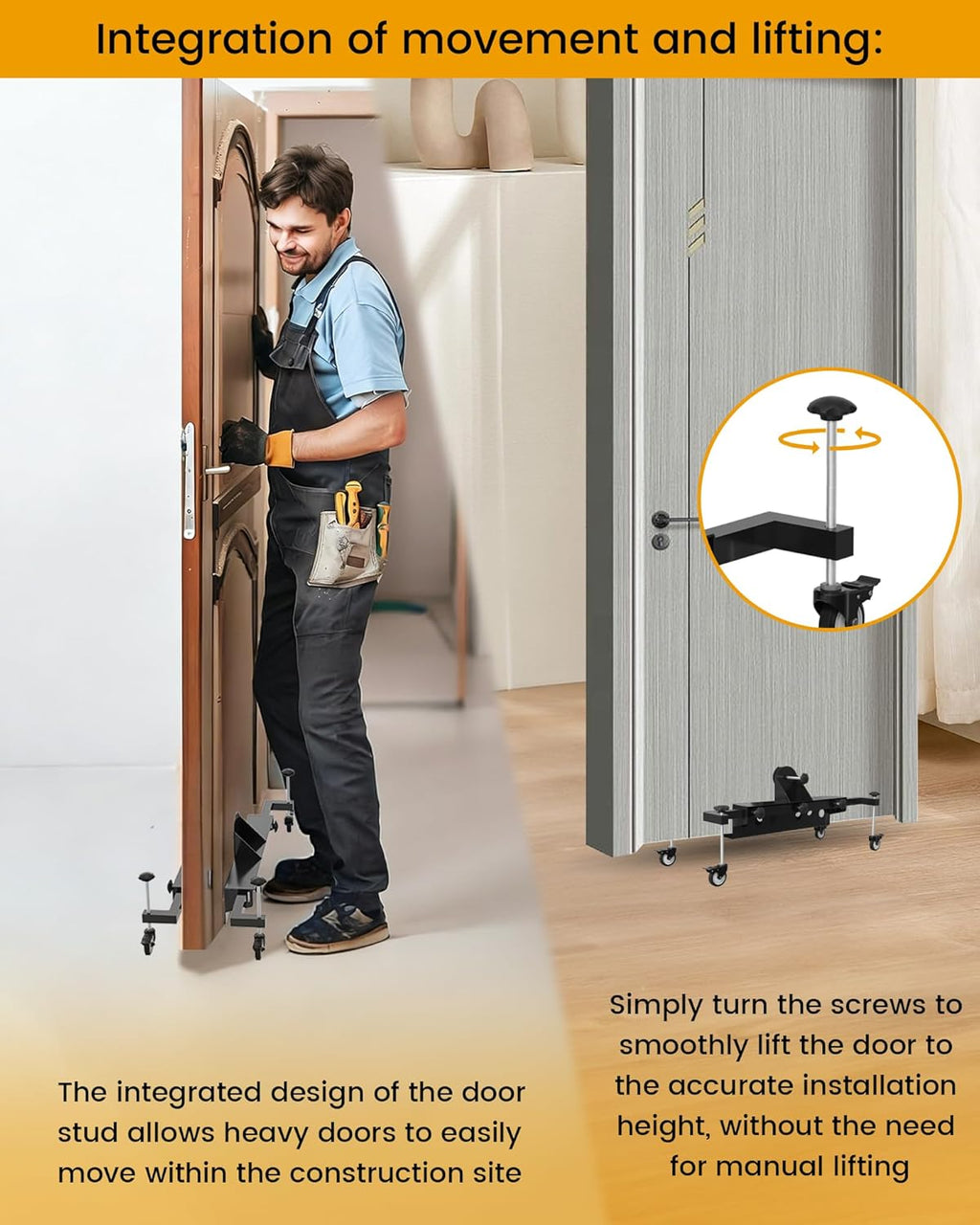Dispositif monobloc destiné à la pose de portes, idéal destiné à une seule personne. Chariot de pose destiné à portes pré-montées d'une épaisseur maximale de 6,35 cm (2,5 pouces). Capacité de charge : 90 kg (200 lb).