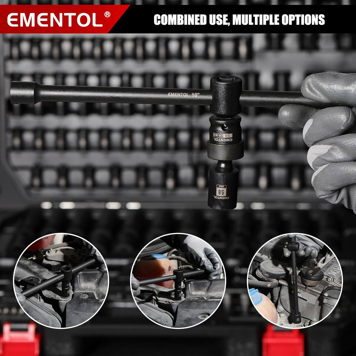 Ensemble de douilles à impact EMENTOL 189 pièces, entraînements métriques et SAE 1/4 et 3/8, acier CR-V, comprenant douilles profondes et courtes, cliquets, embouts, rallonges, douille destiné à bougies et plus encore