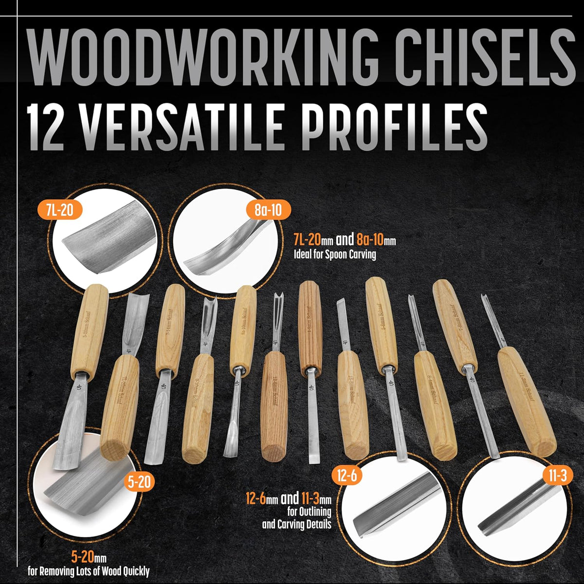 Ensemble de 12 ciseaux à bois Schaaf doté de étui en toile | Ciseaux à bois doté de lames en acier CR-V 60 ultra-tranchantes