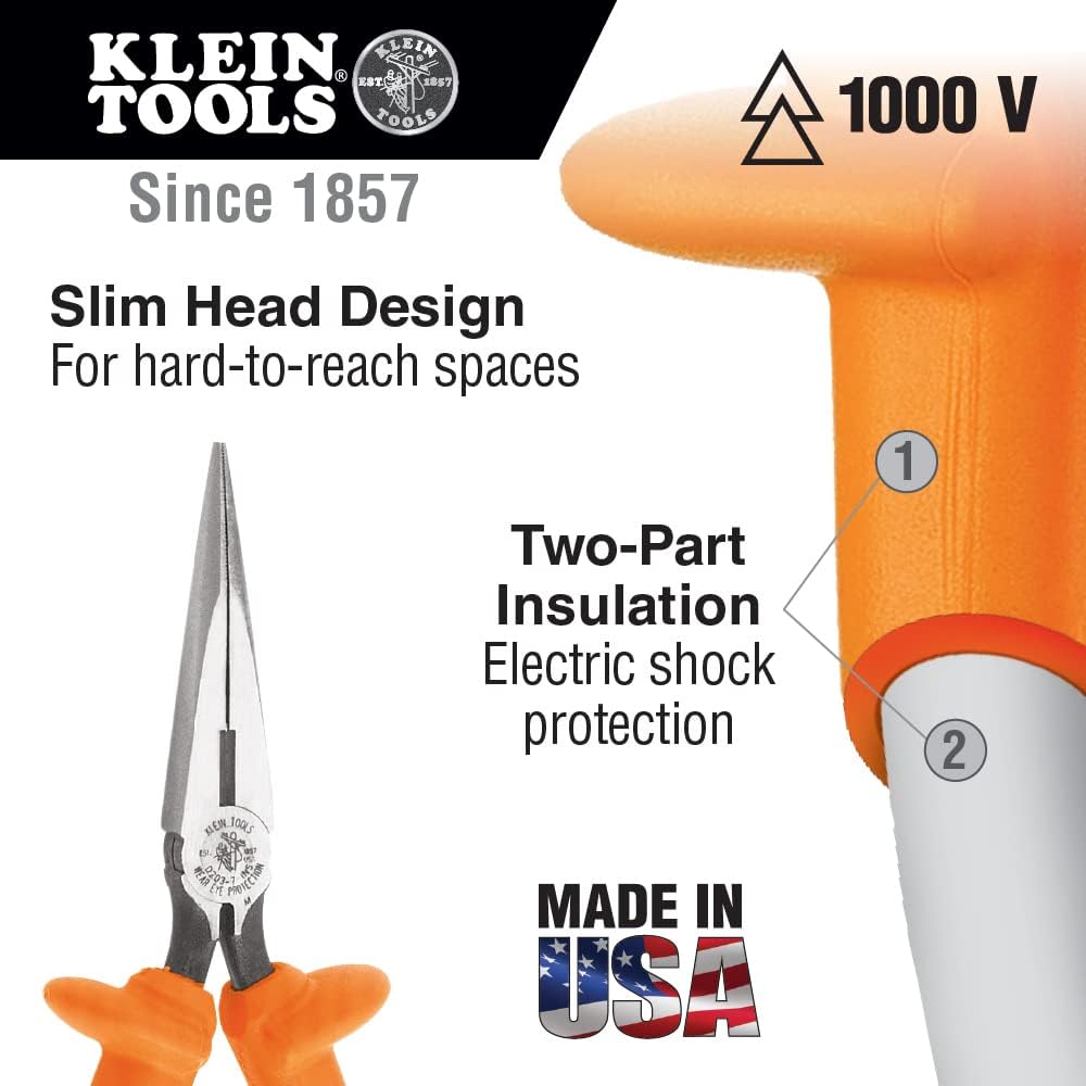 Ensemble pour 3 pinces isolées Klein Tools 9420R 1000V, fabriqué aux États-Unis, comprenant une pince à bec long, une pince coupante latérale et une pince coupante diagonale.