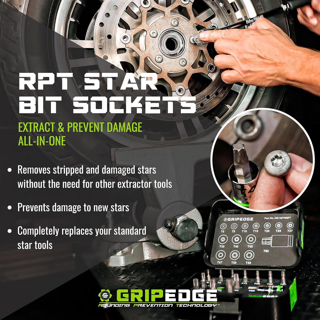 équipements GRIPEDGE | Ensemble de 9 tournevis Torx RPT | Tailles T6 à T40 | Entraînement 1/4" | Fabriqué en acier S2 | Comprend un rail de douilles en aluminium de qualité supérieure |