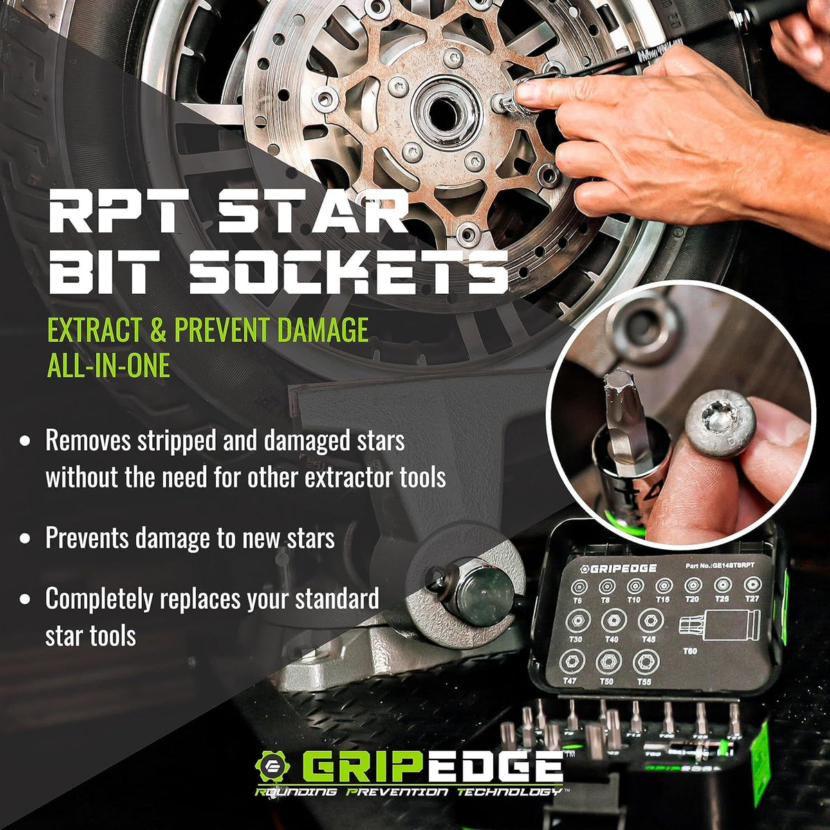 équipements GRIPEDGE | Ensemble de 9 tournevis Torx RPT | Tailles T6 à T40 | Entraînement 1/4" | Fabriqué en acier S2 | Comprend un rail de douilles en aluminium de qualité supérieure |