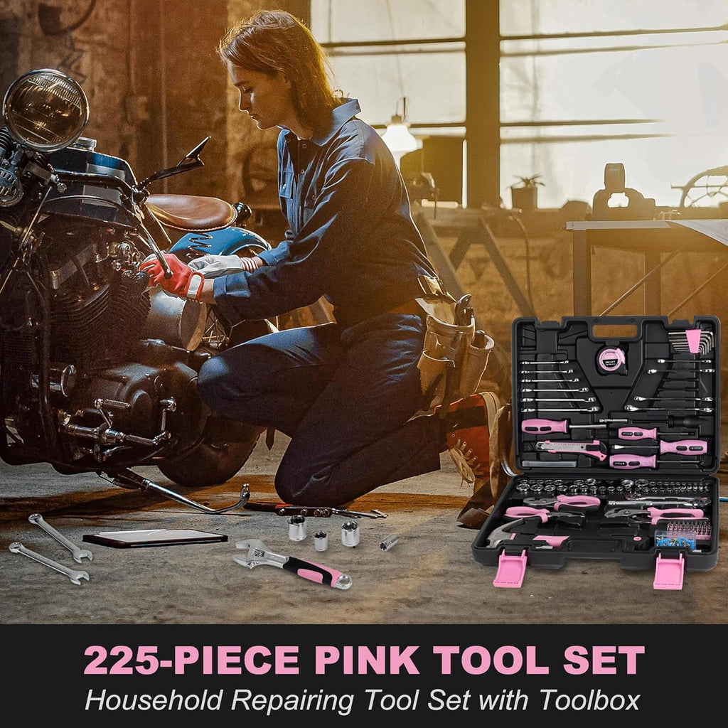 Ensemble d'équipements rose FASTPRO 225 pièces, ensemble d'équipements à main de mécanicien SAE et métriques doté de boîte à équipements, ensemble d'équipements de réparation destiné à la maison et l'automobile, idéal destiné à le bricolage...