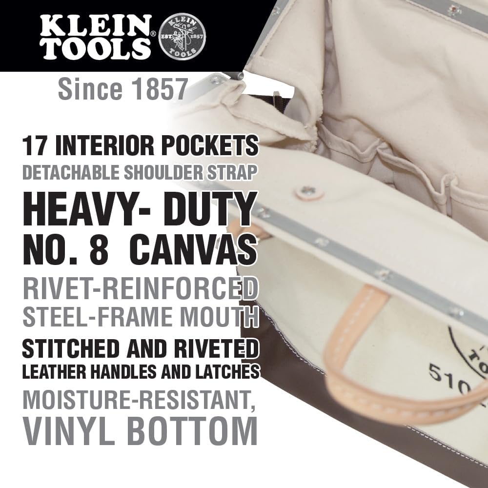 Sac à équipements de luxe Klein Tools 5102-24SP en toile naturelle de 61 cm (24 pouces) doté de 17 poches intérieures et bandoulière amovible.