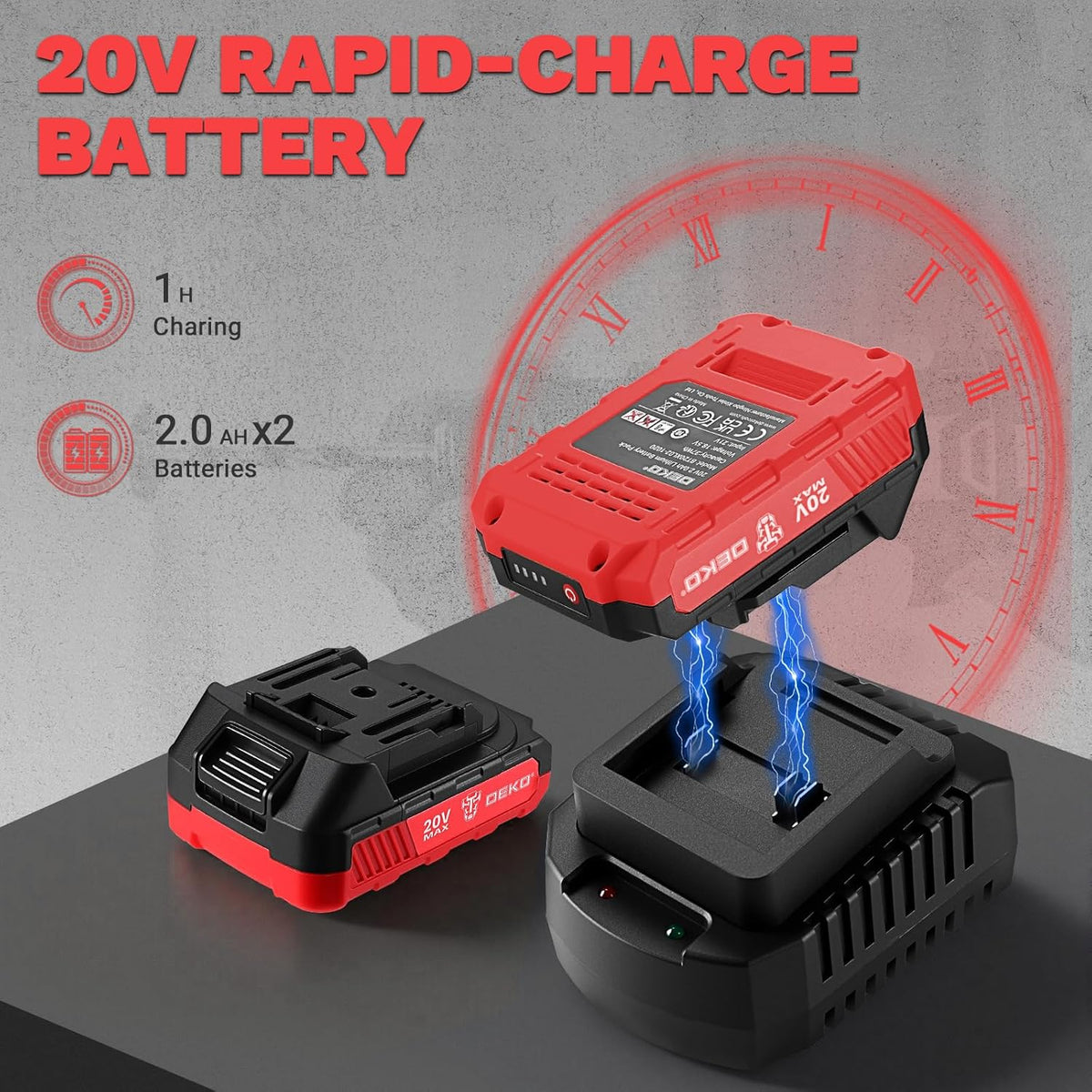 Perceuse et visseuse à chocs sans fil : Ensemble DEKOPRO comprenant une perceuse et une visseuse à chocs sans balais 20 V, 2 batteries 2,0 Ah, un chargeur, un sac et 52 accessoires – Rouge – sélection pratique