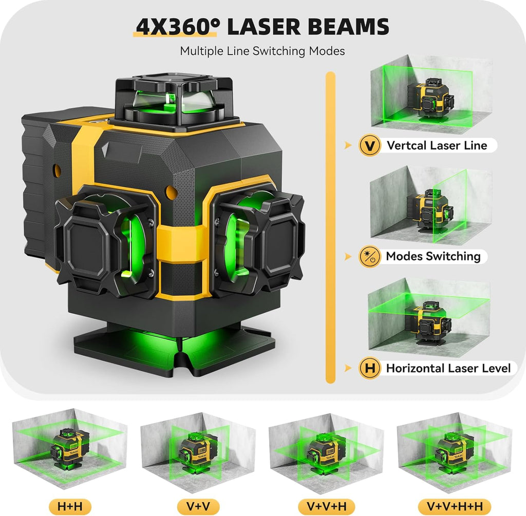 Niveau laser 16 lignes doté de trépied - Laser à lignes croisées 360° doté de trépied, niveau laser vert 4D, outil d'auto-nivellement 4x360 destiné à accrocher des tableaux, rénovation de maison, projets d'intérieur, 2 piles incluses