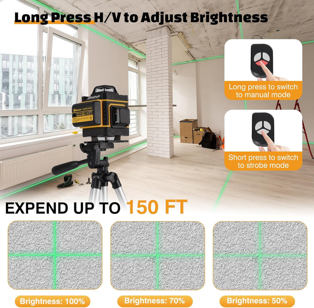 Niveau laser vert 4D à 16 lignes, autonivelant, doté de support magnétique et télécommande | Batterie rechargeable, lunettes de protection et support mural inclus | Idéal destiné à la construction et la rénovation - Dispositif de nivellement laser