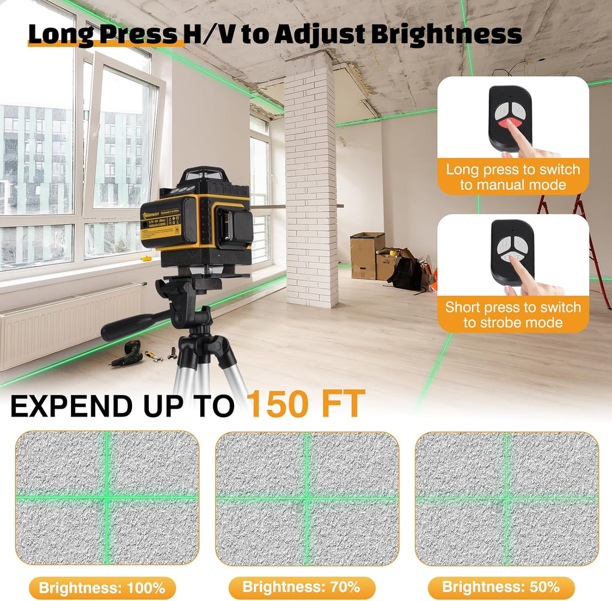 Niveau laser vert 4D à 16 lignes, autonivelant, doté de support magnétique et télécommande | Batterie rechargeable, lunettes de protection et support mural inclus | Idéal destiné à la construction et la rénovation - Dispositif de nivellement laser