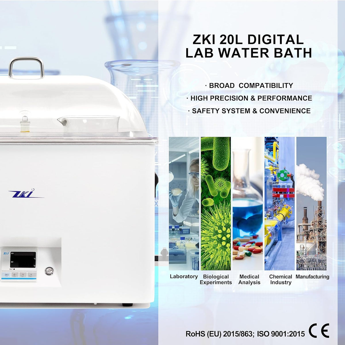 Bain-marie de laboratoire ZKI 20L, bain-marie thermostatique de laboratoire 1500W, précision ±0,2°C et résolution 0,1°C, 14 modules chauffants à répartition uniforme de la chaleur, kit de 9 pièces destiné à une utilisation en laboratoire...