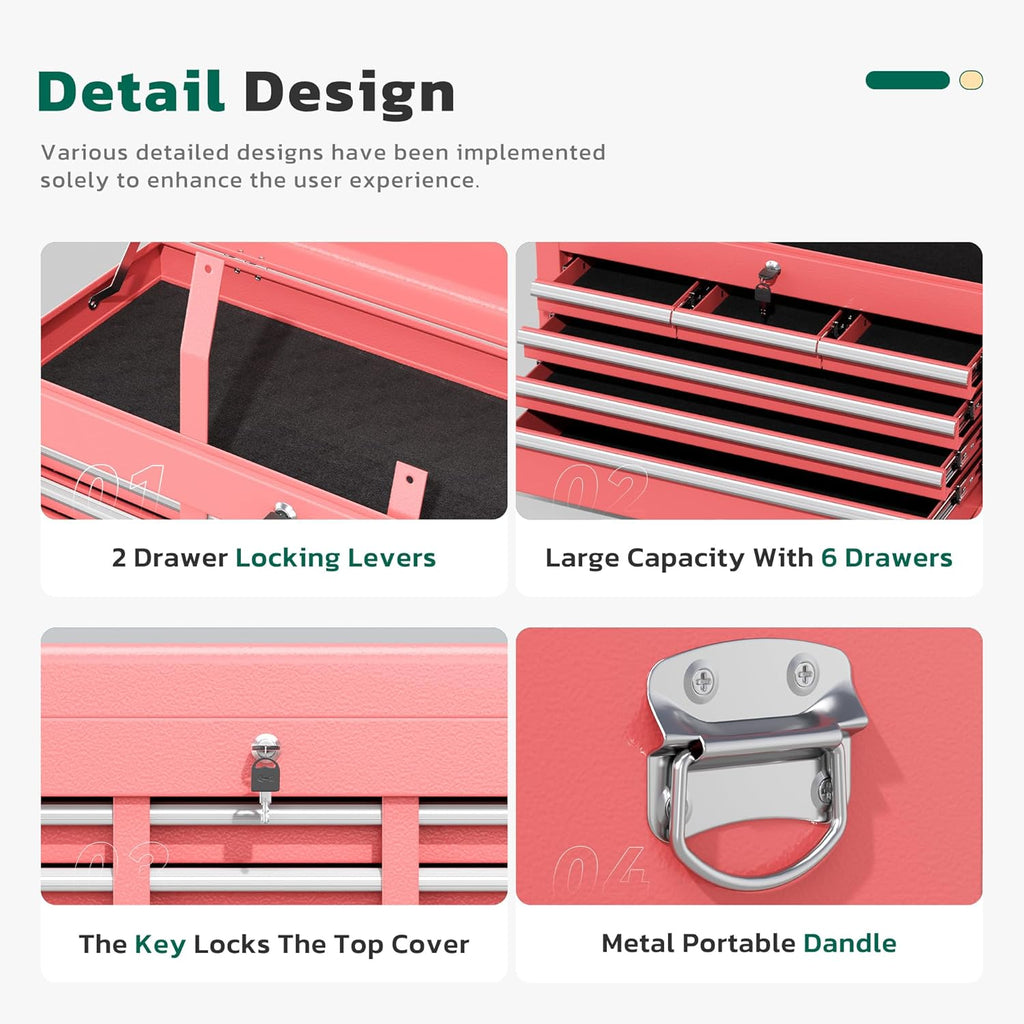 Coffre à outils Greenvelly, coffre à outils roulant à 8 tiroirs avec roulettes, compartiment supérieur amovible, livré assemblé avec doublure et crochets, idéal pour garage, atelier ou entrepôt, rose. – Pratique