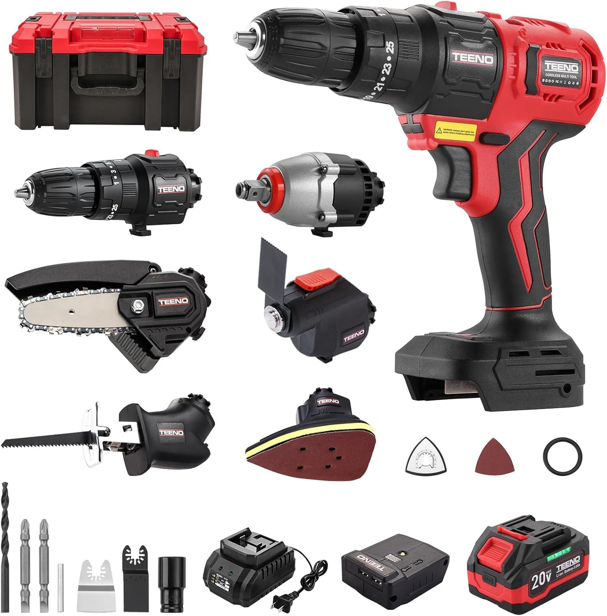 ensemble d'équipements sans fil TEENO, ensemble multifonctions 6 en 1 (perceuse, clé à chocs, outil oscillant, scie sauteuse et tronçonneuse, ponceuse), batterie 3 Ah, adaptateur USB et mallette rigide