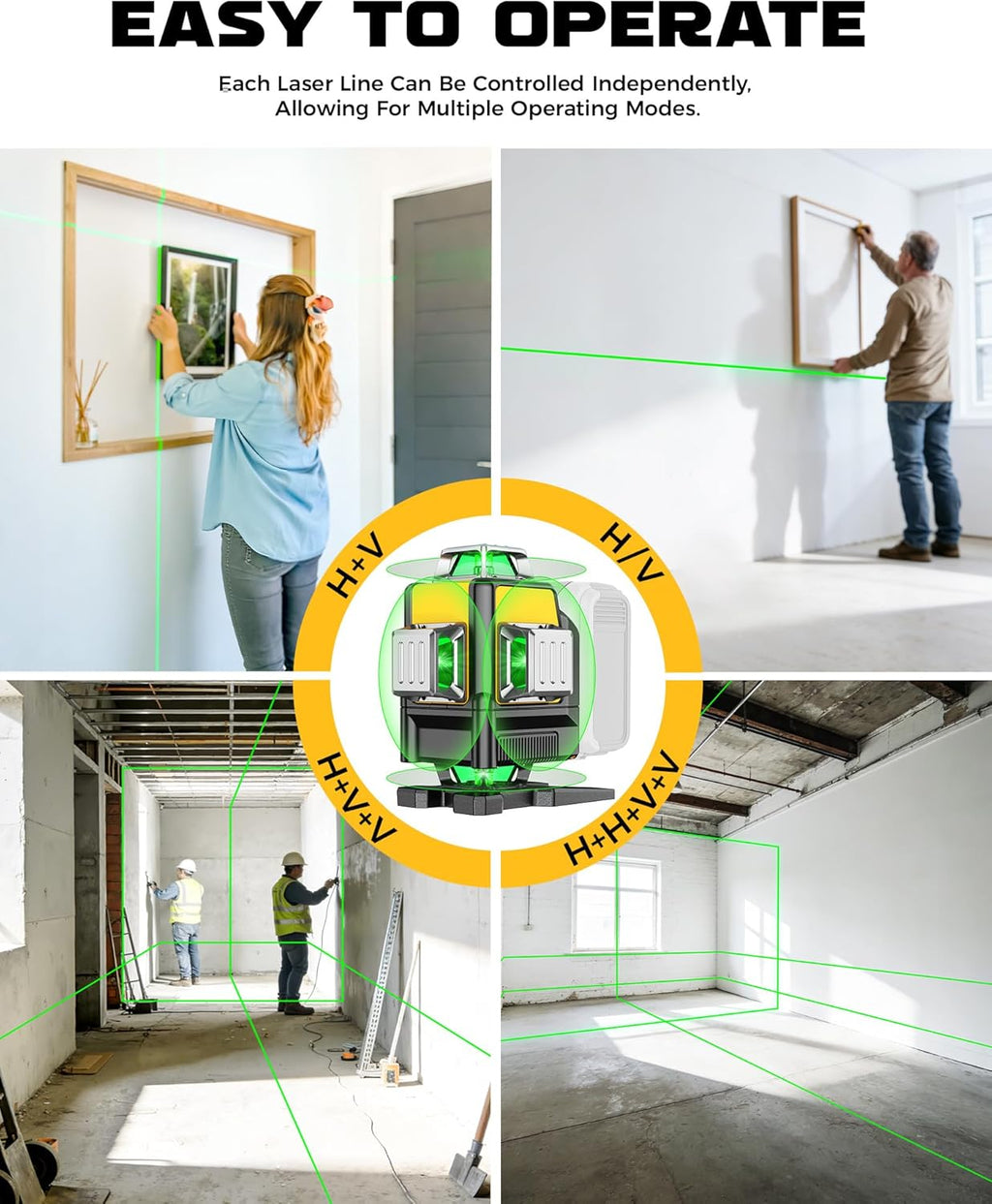 Niveau laser DIYtoolifz compatible doté de batterie DeWalt 20 V, autonivelant 4D 4x360°, outil de niveau laser vert 4 voies à 16 lignes destiné à projets de construction, carrelage, rénovation, utilisation intérieure, sans pile