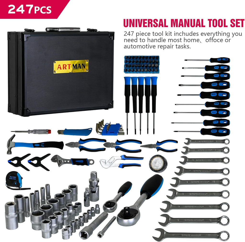 Coffret d'outils de mécanicien 247 pièces, coffret à outils en aluminium de qualité supérieure avec outils inclus, kit d'outils de réparation générale pour la maison, l'automobile et le bricolage, jeu de clés à douille 1/4 et 1/2, bleu