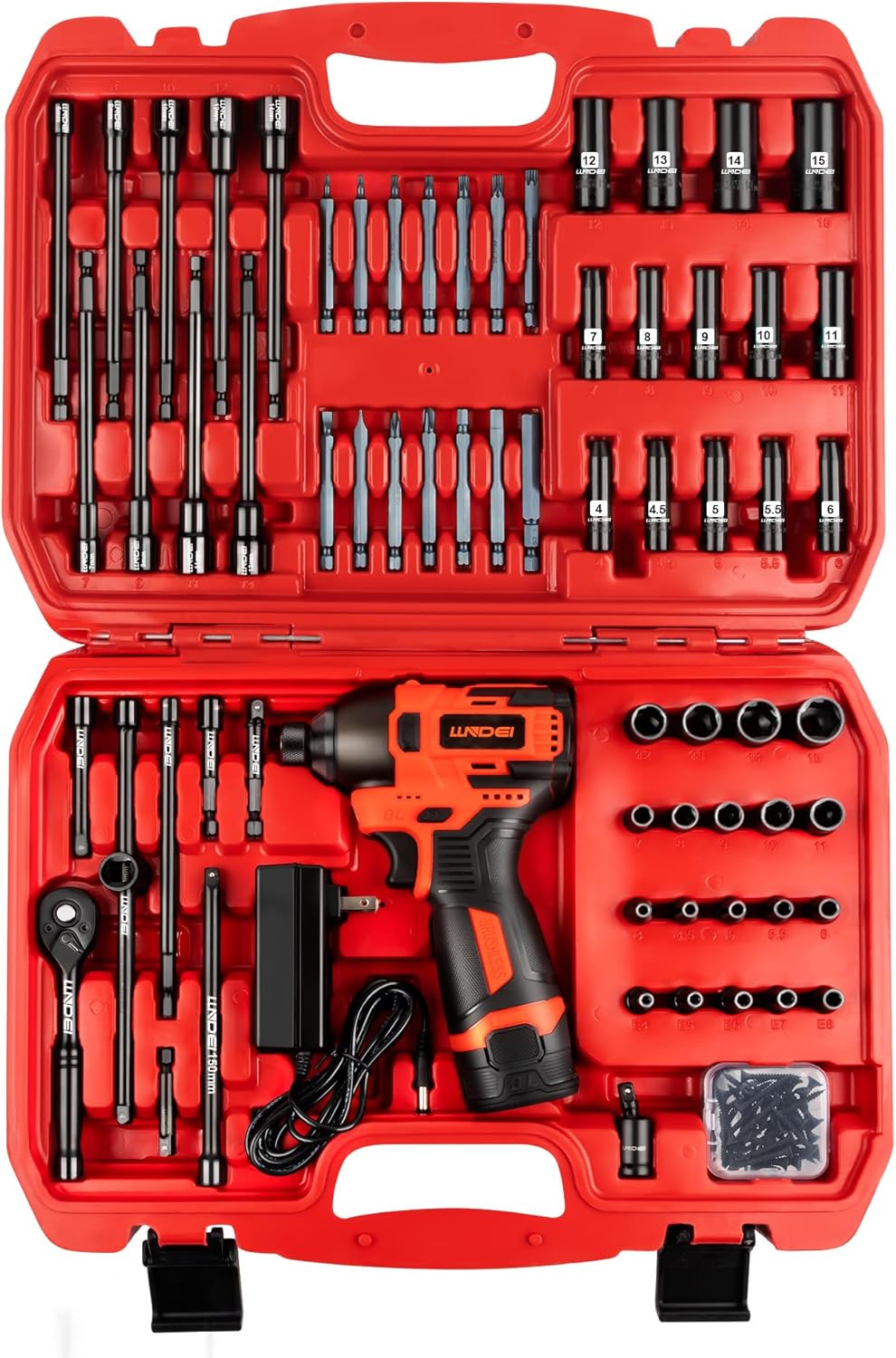 Ensemble de visseuse à percussion sans balais LLNDEI 16 V doté de douilles 1/4", 108 pièces, dont un jeu de 108 douilles magnétiques métriques à 6 pans, incluant une batterie 1,5 Ah, un chargeur et des vis autotaraudeuses. Les embouts de perçage...
