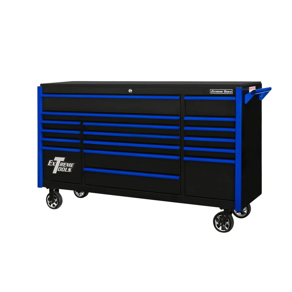 Armoire à roulettes Extreme Tools série DX 72" à 17 tiroirs (noir et bleu) – sélection pratique
