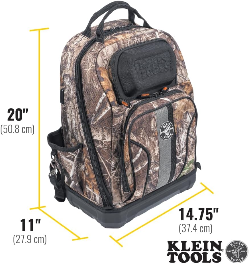 Sac à dos à équipements Klein Tools 62800BPCAMO, sac à dos de chantier Tradesman Pro extra-large à 40 poches, camouflage, doté de fond moulé et port de chargement