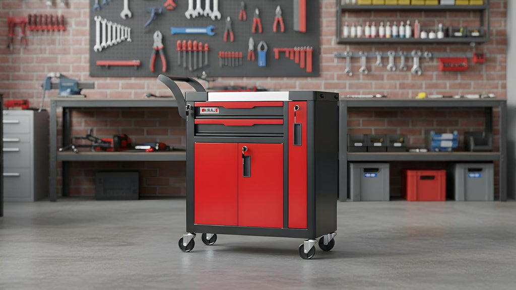 Coffre à outils à 2 tiroirs | Coffre à outils roulant avec roulettes et tiroir latéral | Tiroirs verrouillables | Servante/armoire à outils avec tiroirs pour garage et atelier | Coins arrondis pour plus de sécurité et une protection anti-collision |