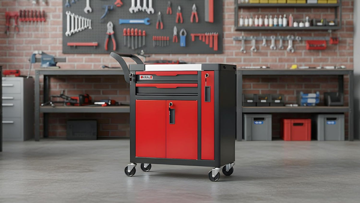 Coffre à outils à 2 tiroirs | Coffre à outils roulant avec roulettes et tiroir latéral | Tiroirs verrouillables | Servante/armoire à outils avec tiroirs pour garage et atelier | Coins arrondis pour plus de sécurité et une protection anti-collision |