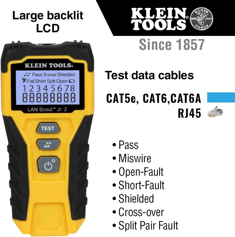 Ensemble de testeur de câbles RJ45 Klein Tools 80072 doté de LAN Scout Jr. 2, outil de sertissage/dénudage/coupe coaxial et paquet de 50 fiches de données modulaires traversantes