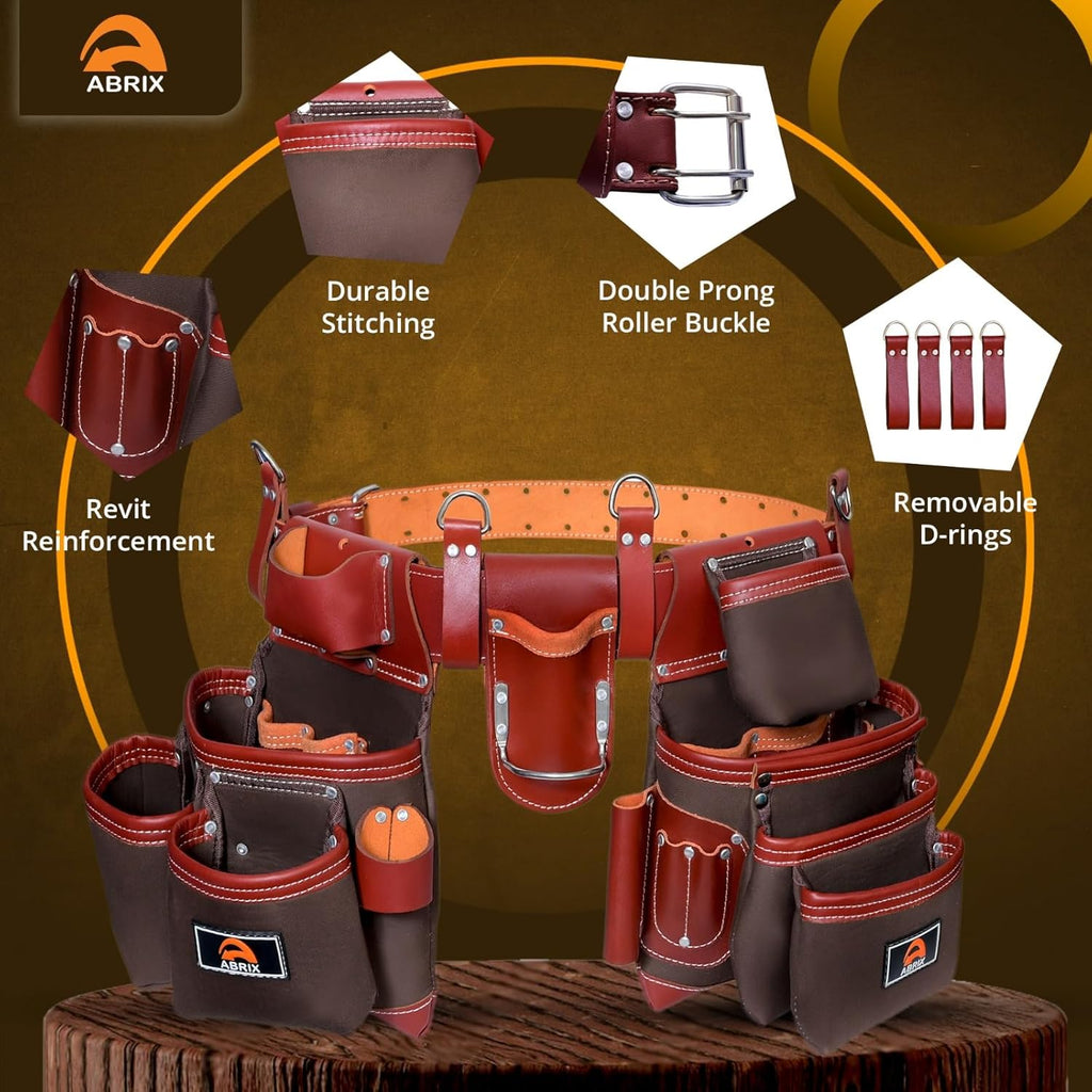 Ceinture porte-équipements ABRIX robuste en nylon et cuir destiné à hommes, ceinture porte-équipements de charpentier doté de bretelles rembourrées (Très grande, ceinture porte-équipements)