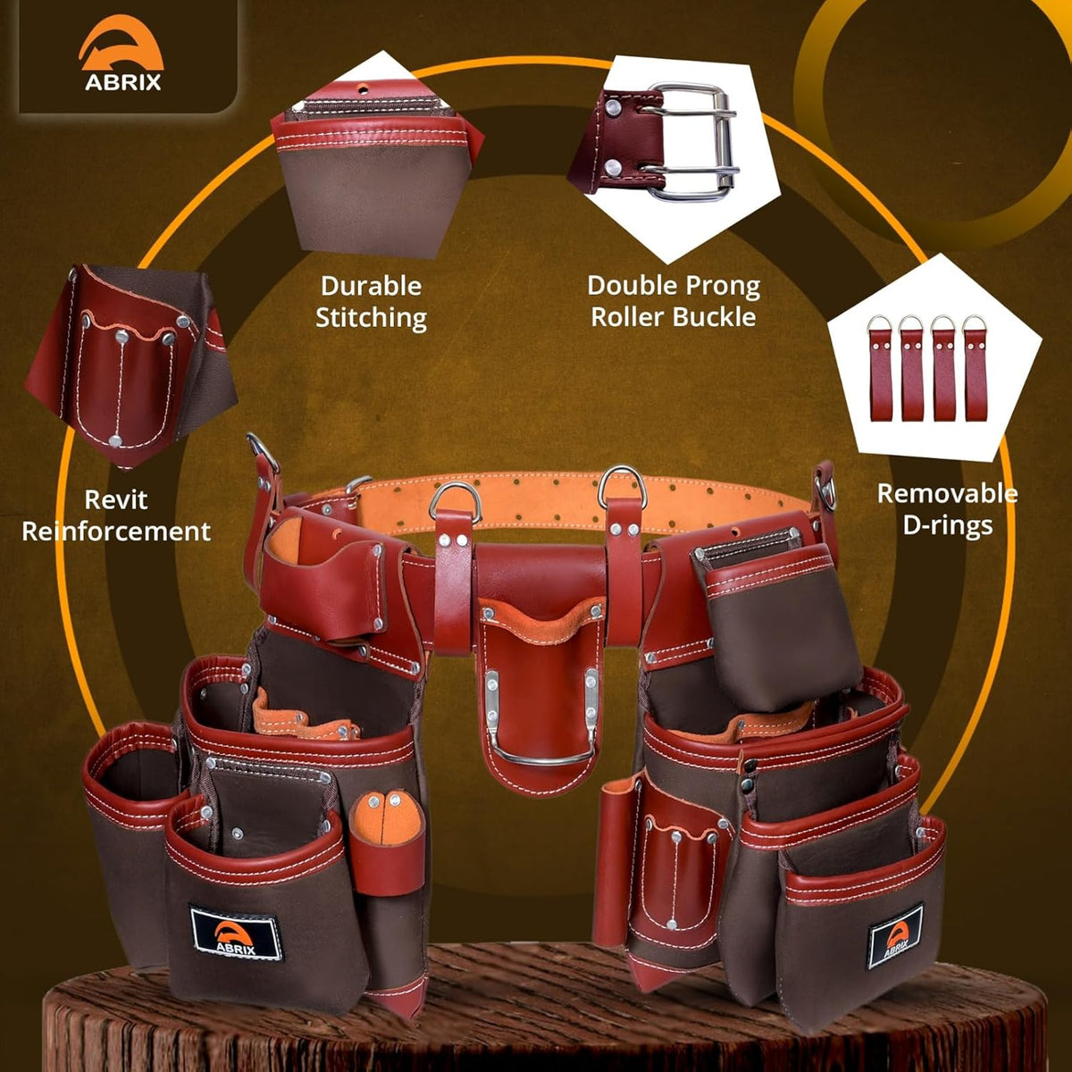 Ceinture porte-équipements ABRIX robuste en nylon et cuir destiné à hommes, ceinture porte-équipements de charpentier doté de bretelles rembourrées (Très grande, ceinture porte-équipements)