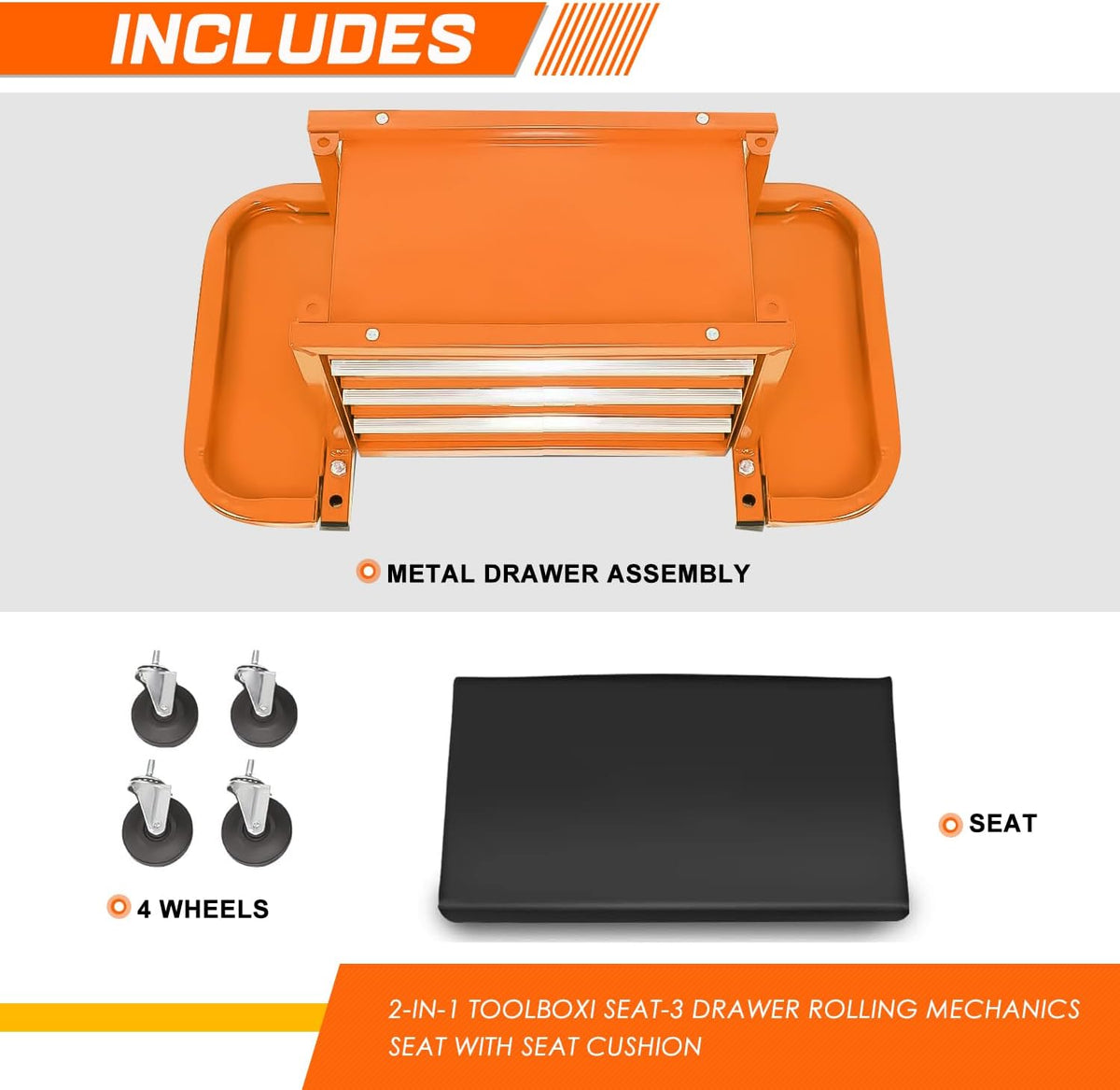 Coffre à outils à 3 tiroirs PM PERFORMOTOR avec siège de mécanicien roulant et plateaux à outils, capacité de charge maximale de 159 kg, orange, PM-TOL-RST1-OG – Pratique