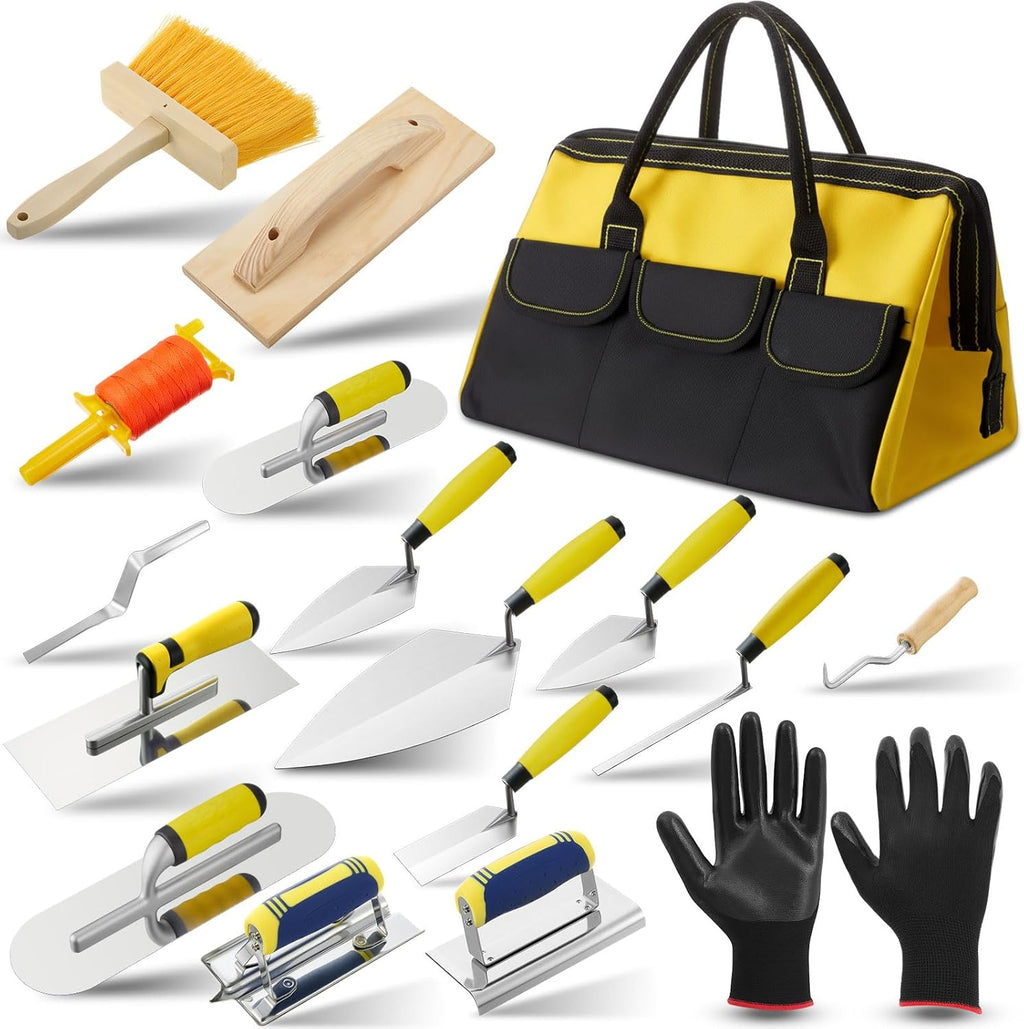 ensemble d'équipements de maçonnerie SiliFine 18 pièces doté de sac à équipements, comprenant couteaux à mastic, gants, crochets destiné à barres d'armature, équipements en acier inoxydable destiné à la maison, le bricolage et les travaux de...