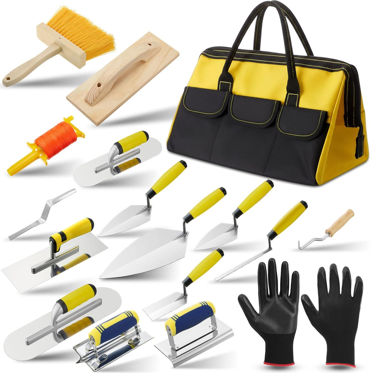 ensemble d'équipements de maçonnerie SiliFine 18 pièces doté de sac à équipements, comprenant couteaux à mastic, gants, crochets destiné à barres d'armature, équipements en acier inoxydable destiné à la maison, le bricolage et les travaux de...