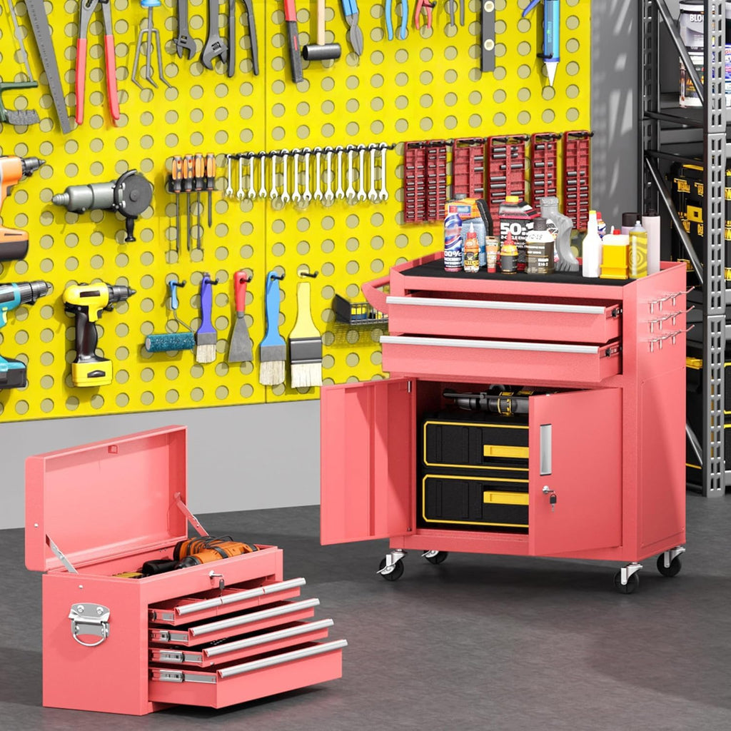 Coffre à outils Greenvelly, coffre à outils roulant à 8 tiroirs avec roulettes, compartiment supérieur amovible, livré assemblé avec doublure et crochets, idéal pour garage, atelier ou entrepôt, rose. – Pratique