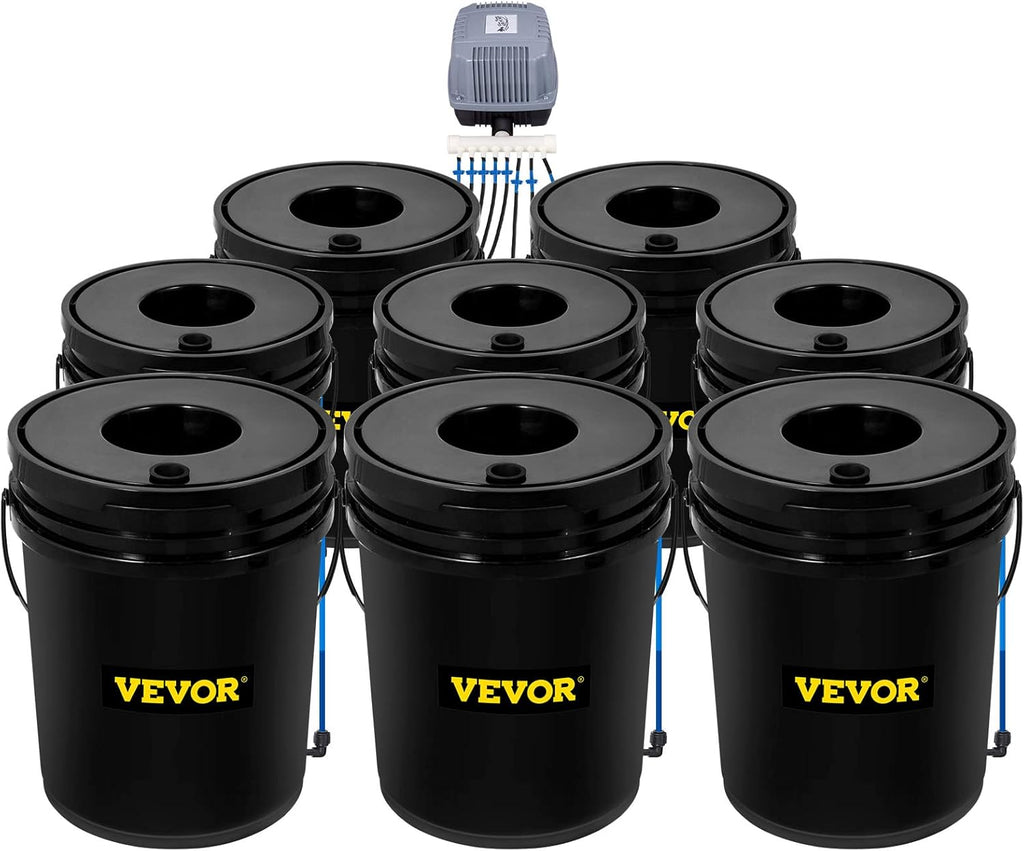 Système hydroponique VEVOR DWC 5 gallons (19 litres) doté de 8 seaux, kit de culture hydroponique en eau profonde, pompe, pierre à air et dispositif de contrôle du niveau d'eau destiné à légumes-feuilles d'intérieur/extérieur