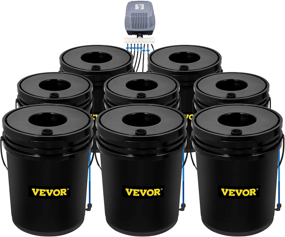 Système hydroponique VEVOR DWC 5 gallons (19 litres) doté de 8 seaux, kit de culture hydroponique en eau profonde, pompe, pierre à air et dispositif de contrôle du niveau d'eau destiné à légumes-feuilles d'intérieur/extérieur