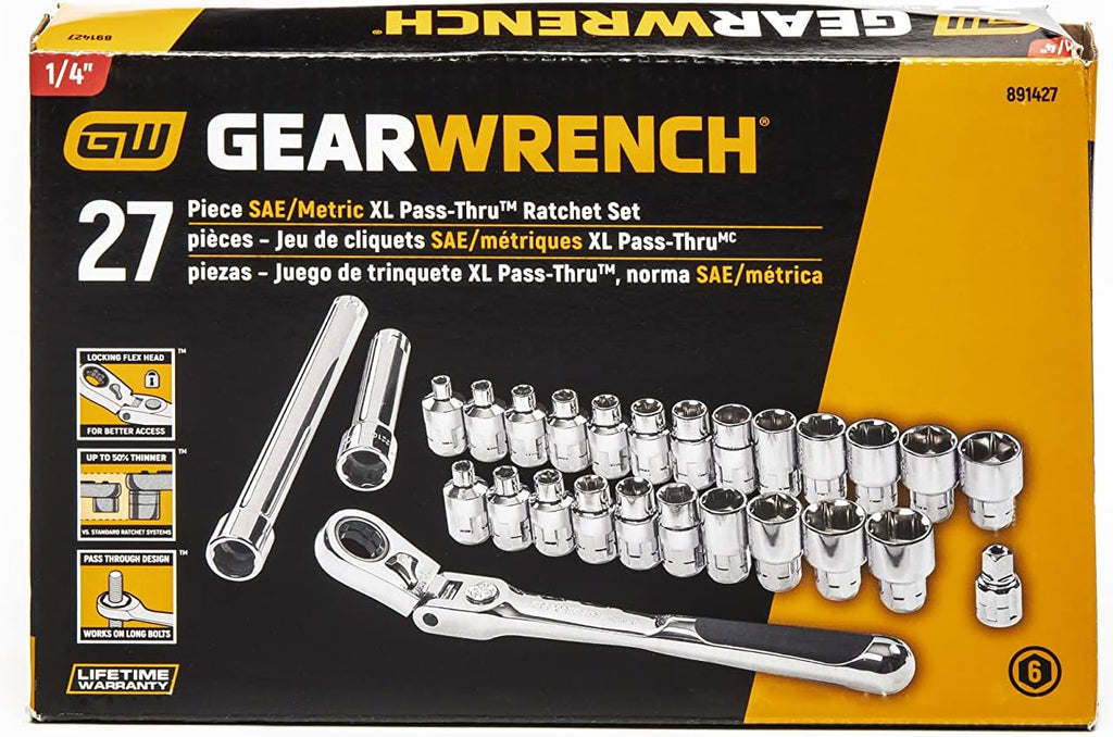 Ensemble d'équipements de mécanicien GEARWRENCH 27 pièces, entraînement 1/4", 6 pans, passage traversant, standard SAE/métrique - 891427