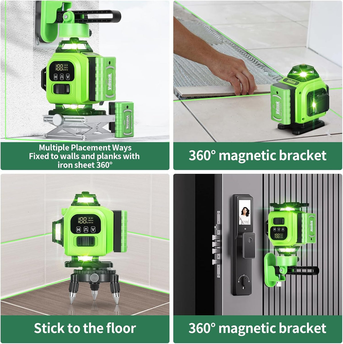 Niveau laser 16 lignes à nivellement automatique 360°, niveau laser pour usage professionnel 4D à lignes croisées vertes 4x360° doté de 2 piles, destiné à la construction et l'accrochage de tableaux, outil de nivellement horizontal (vert)