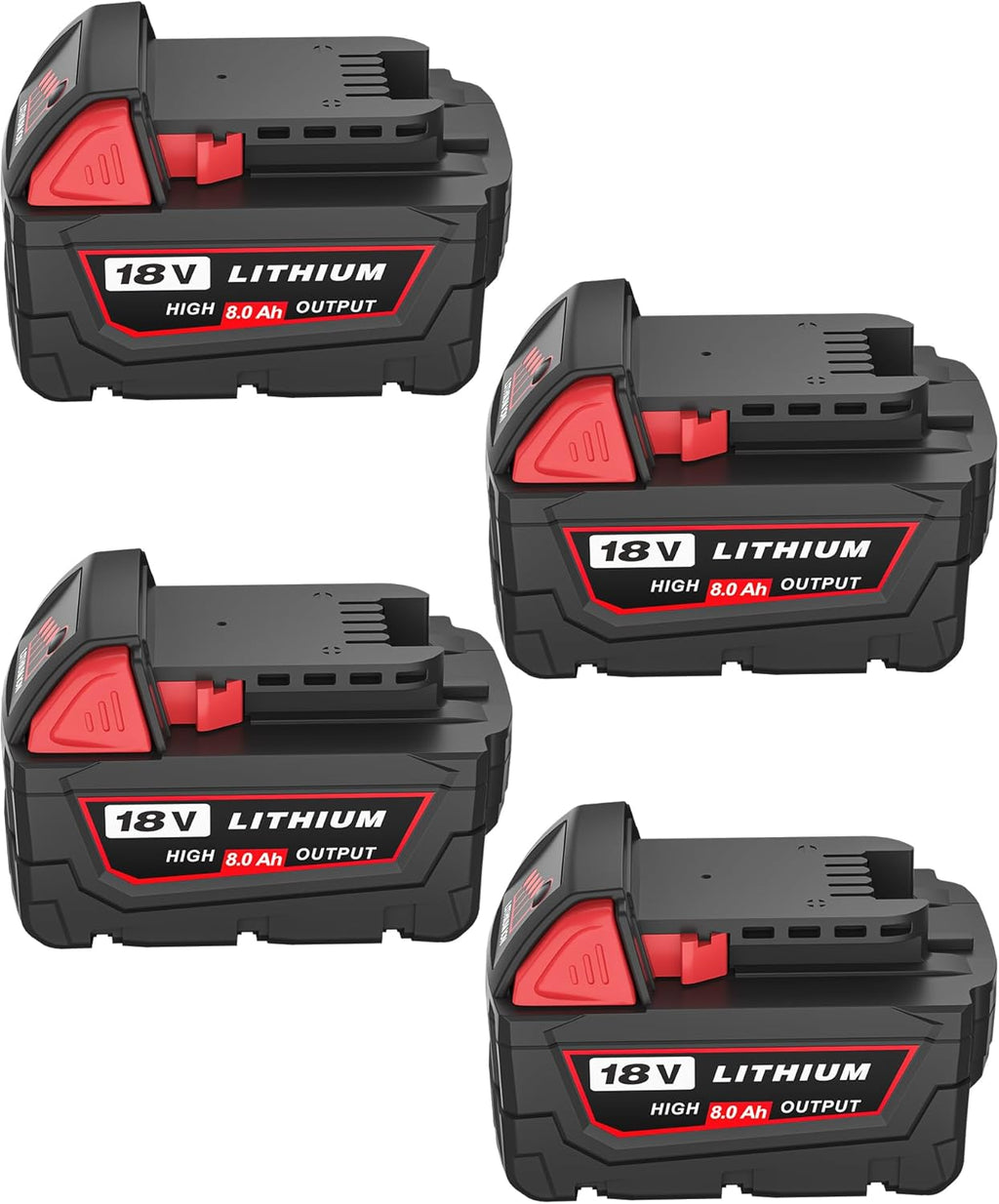 Lot de 4 batteries HOCHSTERN M-18 8,0 Ah, compatibles doté de les batteries Milwaukee 18 V 48-11-1862, 48-11-1852 et 48-11-1880. Compatibles doté de les équipements électroportatifs sans fil Milwaukee 18 volts.