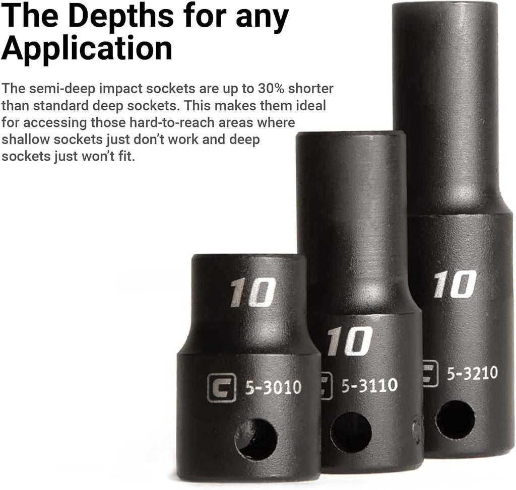 Ensemble de douilles à impact Capri Tools 3/8 po (8 à 22 mm), courtes, semi-profondes et profondes, métrique, 45 pièces